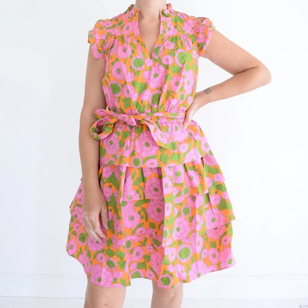 Flora Bea NYC Julee Fairview Road Pink Green Floral Short Sleeve Mini Dress M